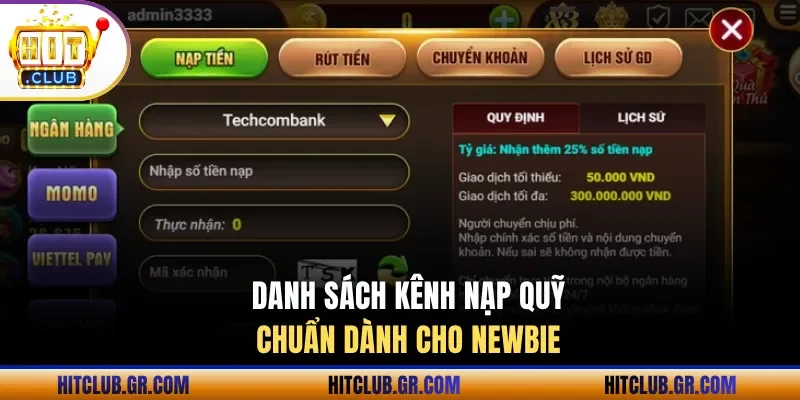 Danh sách phương thức thanh khoản nạp tiền Hitclub